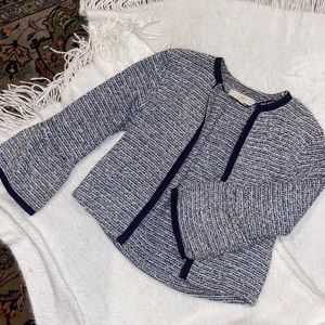Coco Chanel Style Tweed Blue and White Jacket- Ann Taylor Loft  XSP, bell sleeve